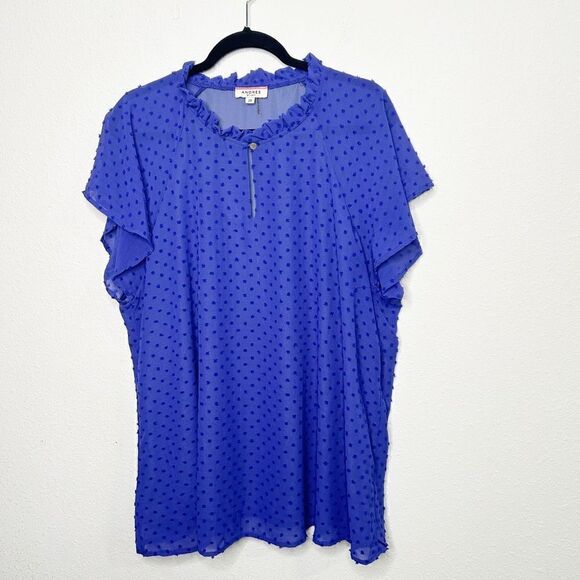 Andree By Unit Women’s Purple Swiss Dot Key Hole Ruffle Top Plus Size 2X - Picture 1 of 14